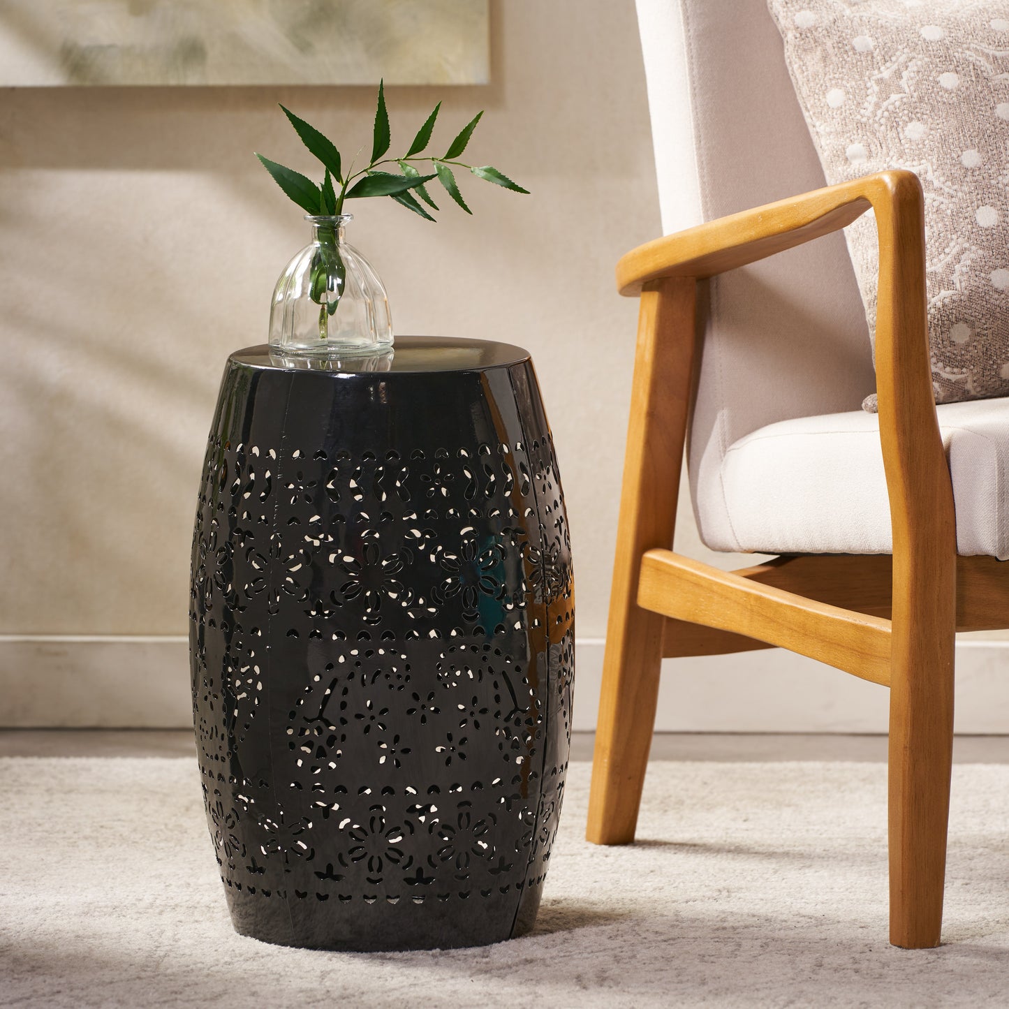 RUBY Side Table, Lace Cut Metal End Table for Outdoor & Indoor Use, Barrel Shape Accent Table with No Assembly Needed for Garden, Patio, Living Room, Backyard Decor,Black Color