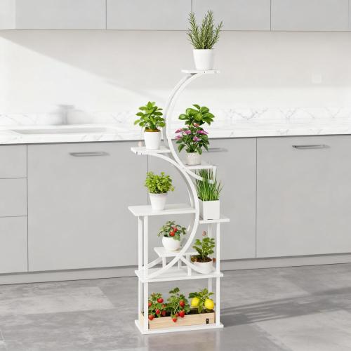 White 8-Tier Fir Wood Plant Stand, Metal Plant Rack, Indoor Outdoor Plant Shelf for Living Room, Balcony, Patio