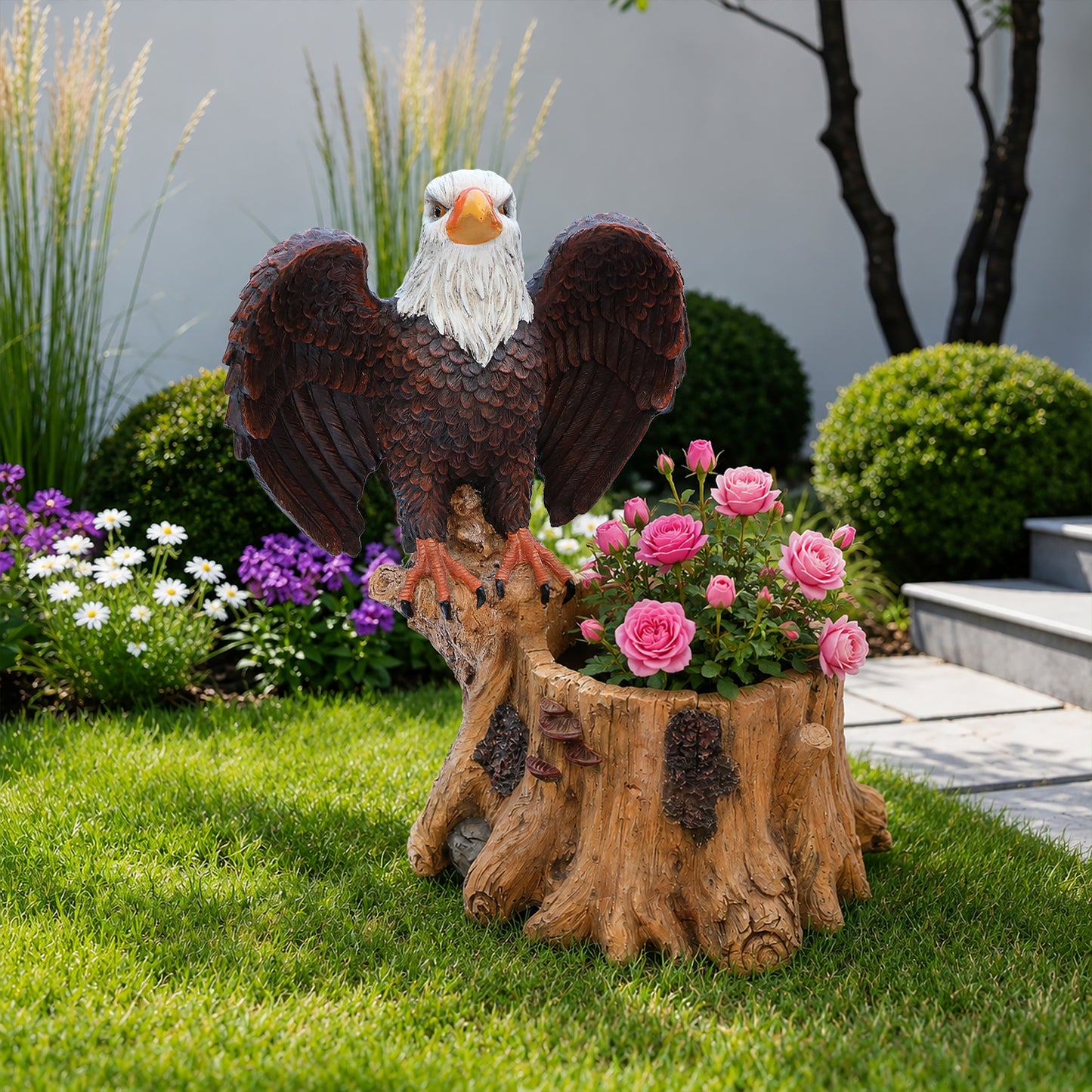 Majestic Eagle with Spread Wings Garden Planter Pot on Tree Stump Base - Durable Polyresin Decorative Flower Pot for Outdoor Patio & Lawn - Unique Wildlife Decor Gift