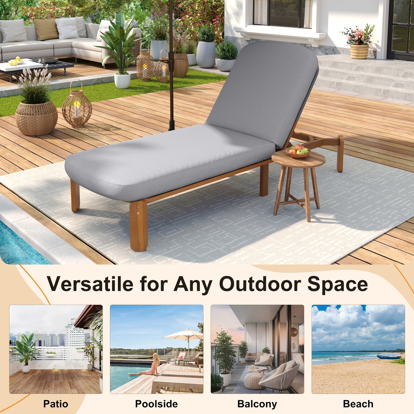 Outdoor Chaise Lounge Adjustable Patio Chaise Outdoor Reclining Chair Pool Lounge Chair with Adjustable Backrest for Patio, Poolside or Beach, Grey