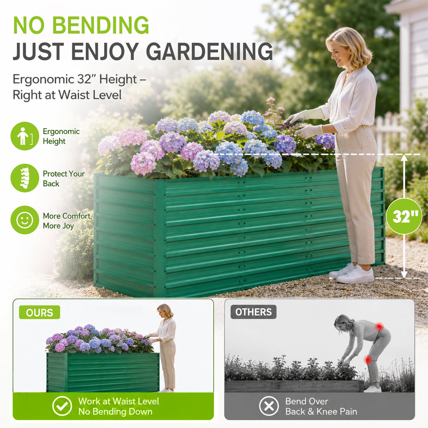 2-Pack 93.7"x31.5"x32.3" Raised Garden Bed, 32" Ergonomic No-Bend Metal Planter Box, Open Base for Drainage & Aeration, 8 Reinforcing Rods, Rustproof Steel – Easy Hand-Tightening Assembly