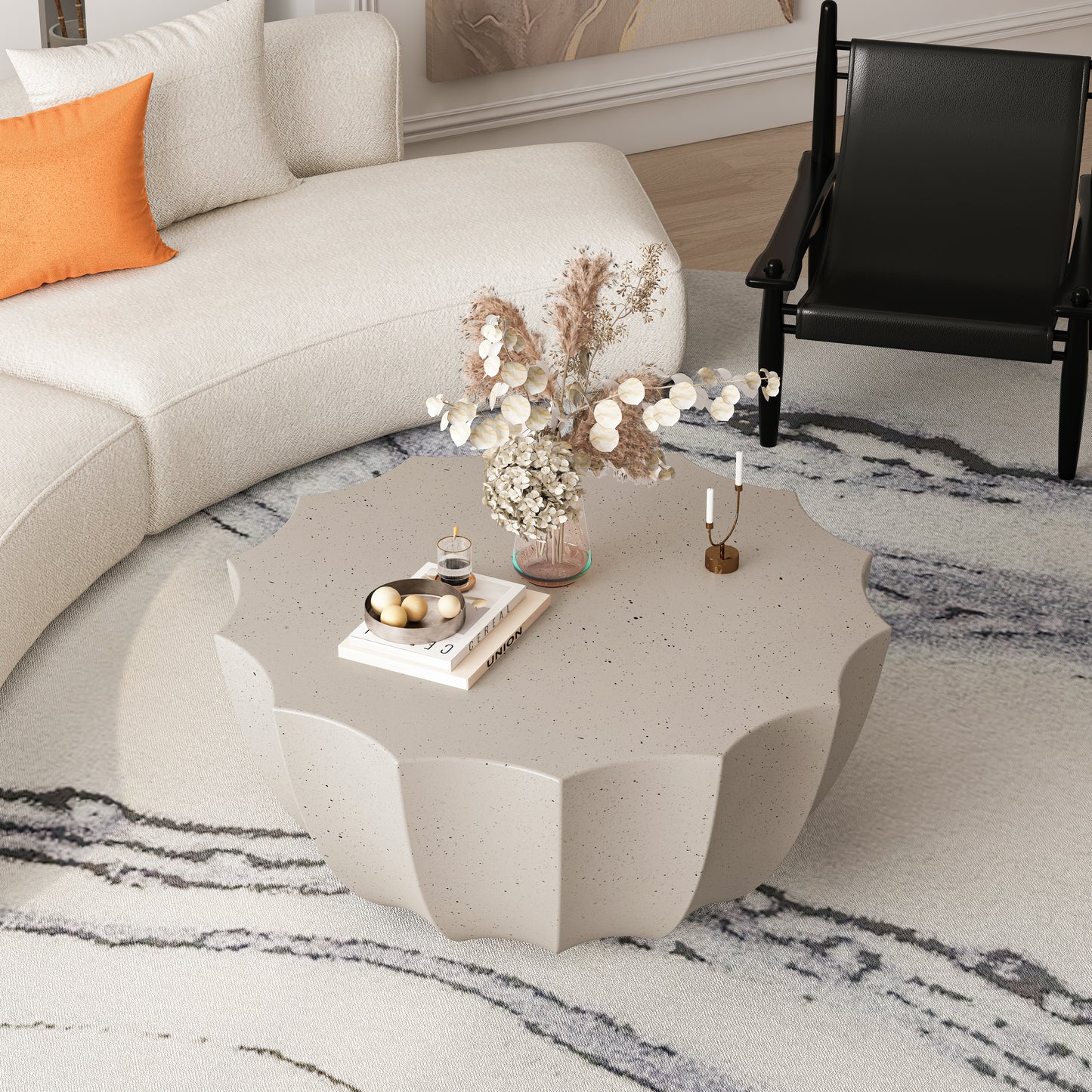 35.43" Modern Outdoor and Indoor Waterproof Coffee Table, Durable MgO Cement Design, Suitable for Terraces, Gardens, Backyards and Living Rooms ( White)