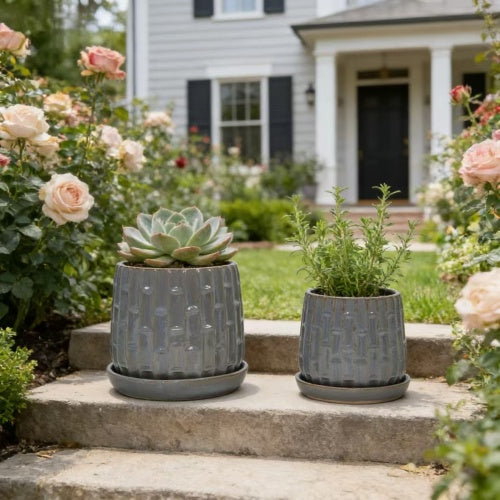 Set of 2) Antique Grey Ceramic Flowerpot, 7 in. Modern Planter for Patio, Garden, Windowsill