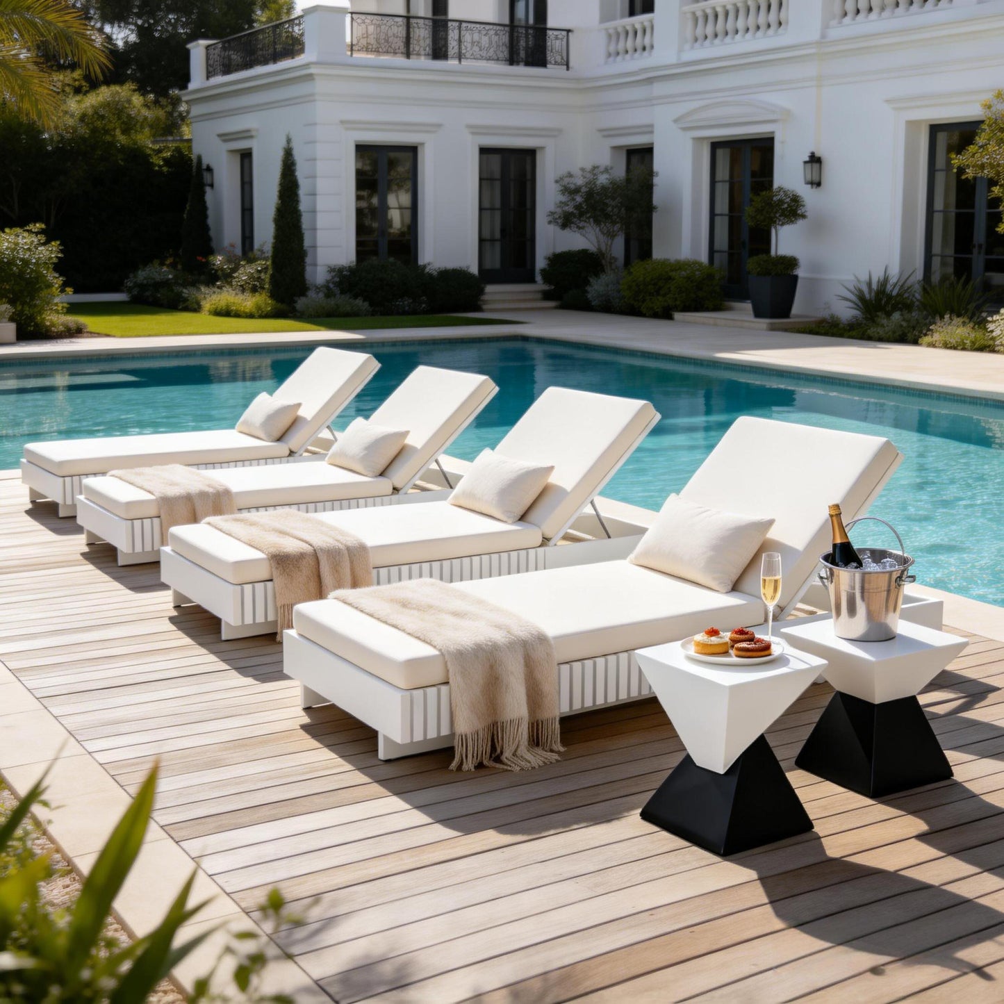 White Acacia Solid Wood Outdoor Chaise Lounge with Cream 3-Fold Water-Repellent Cushion, 400lbs Capacity,  Modern Patio Sun Lounger for Garden, Poolside