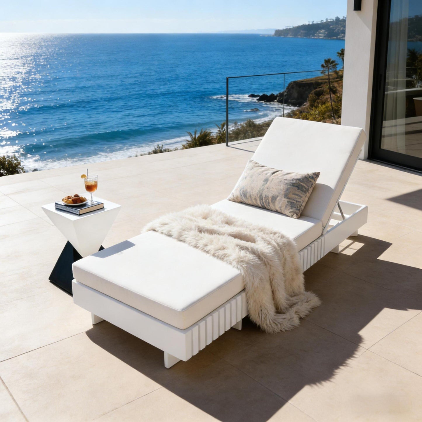White Acacia Solid Wood Outdoor Chaise Lounge with Cream 3-Fold Water-Repellent Cushion, 400lbs Capacity,  Modern Patio Sun Lounger for Garden, Poolside