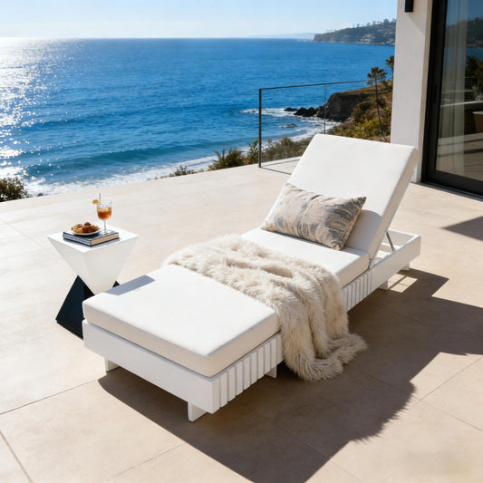 White Acacia Solid Wood Outdoor Chaise Lounge with Cream 3-Fold Water-Repellent Cushion, 400lbs Capacity,  Modern Patio Sun Lounger for Garden, Poolside