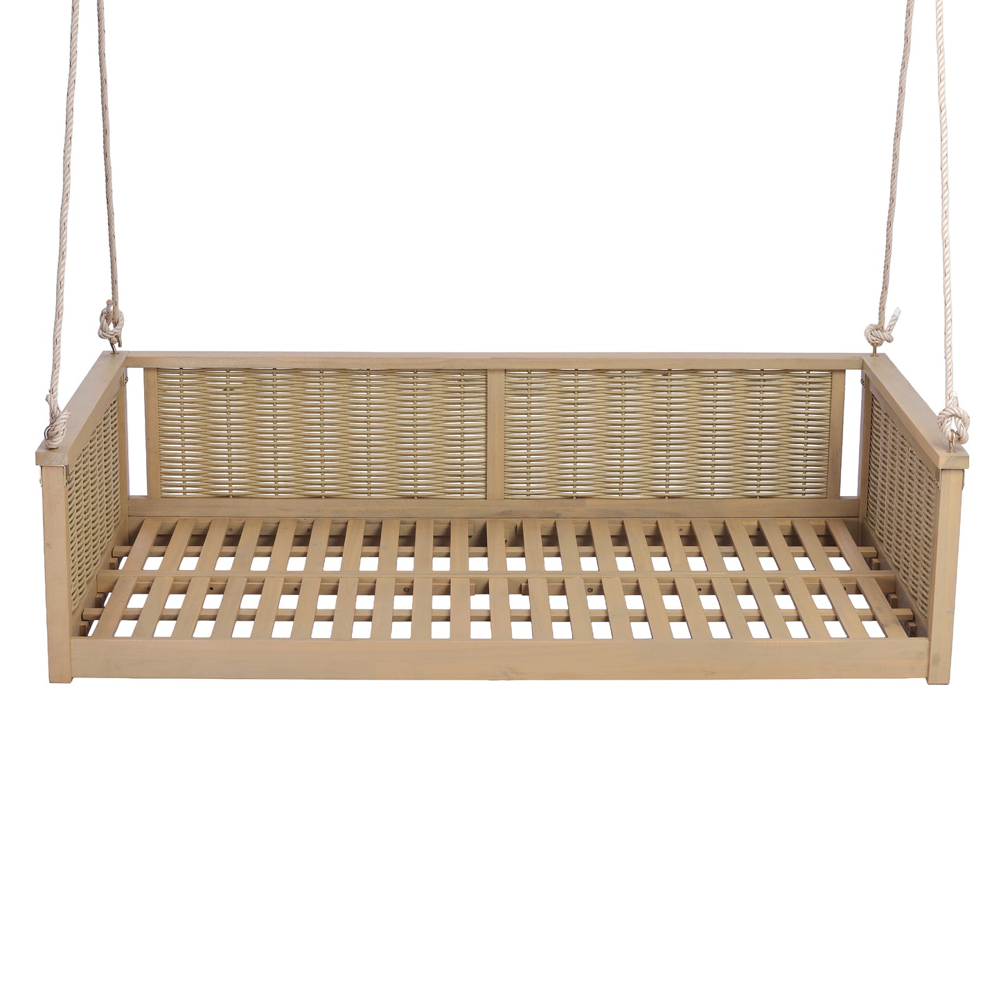 TOPMAX Outdoor Classic Solid Wood Twin Size Swing Bed,Garden Porch Rattan Swing Frame with Long Ropes for Poolside, Backyard, LIGHT TEAK