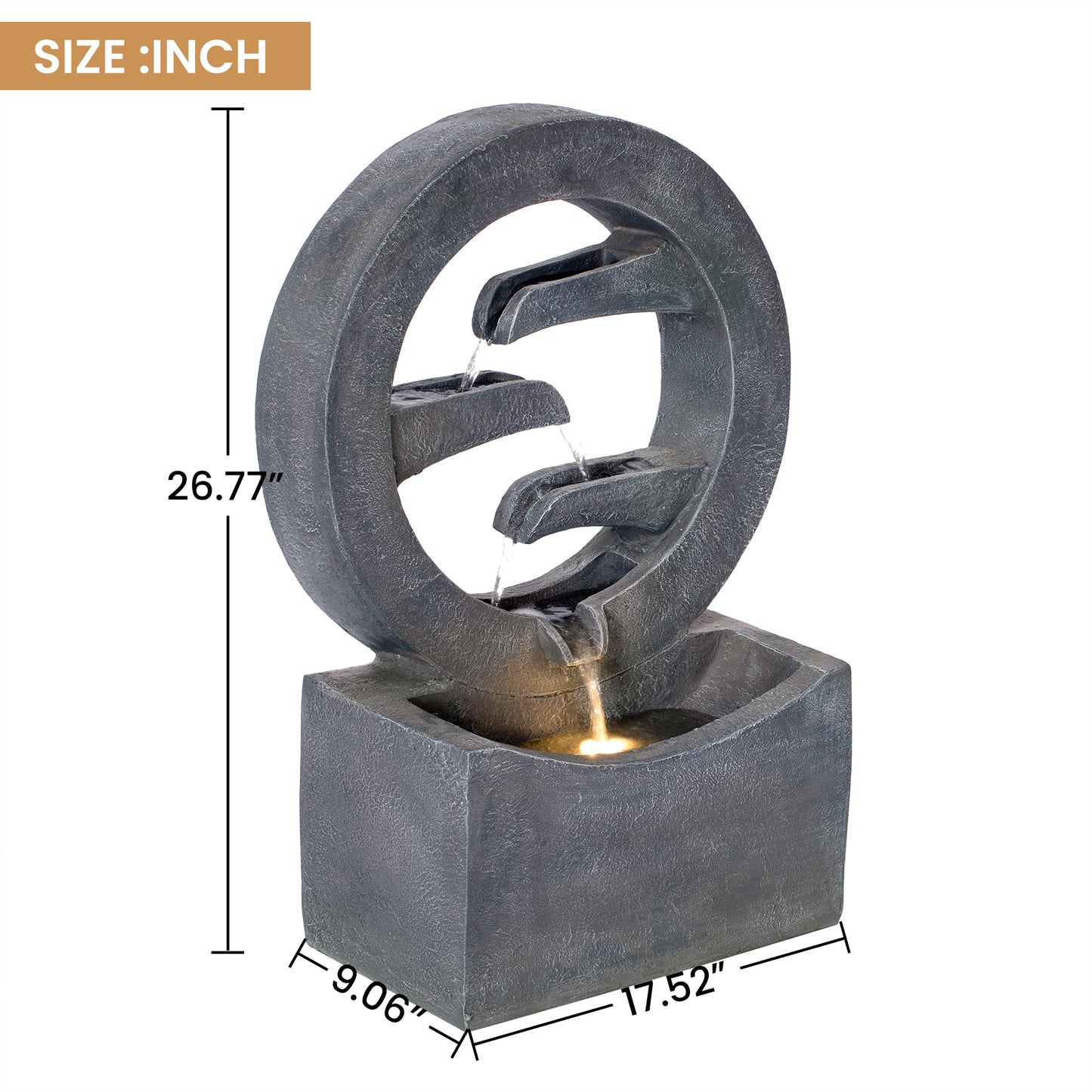 26.77"H Gray Circular Polyresin Outdoor Water Fountain with LED Light, Freestanding Modern Cascading Water Feature for Patio Garden Backyard Decor