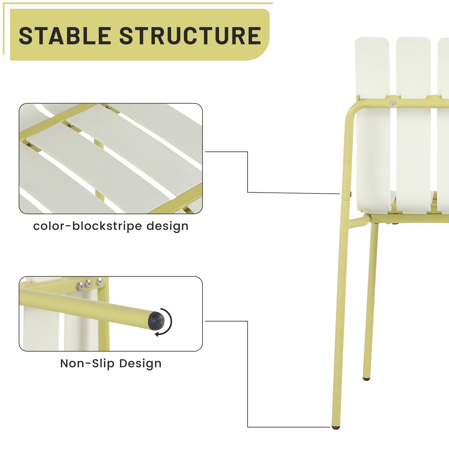 Summer - 4-Pack Modern Striped Color Block Chairs - Waterproof PP Seat & Sturdy Metal Legs, Indoor/Outdoor Dining Set for Patio, Balcony, Café (White & Yellow)