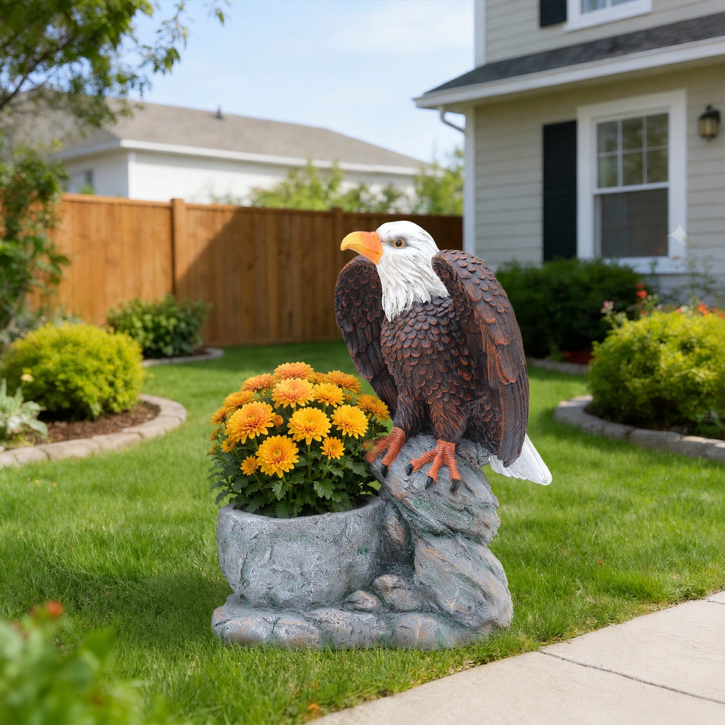 Standing Eagle Statue Garden Planter on Faux Stone Base - Rustic Wildlife Decorative Flower Pot for Outdoor Patio & Home Decor