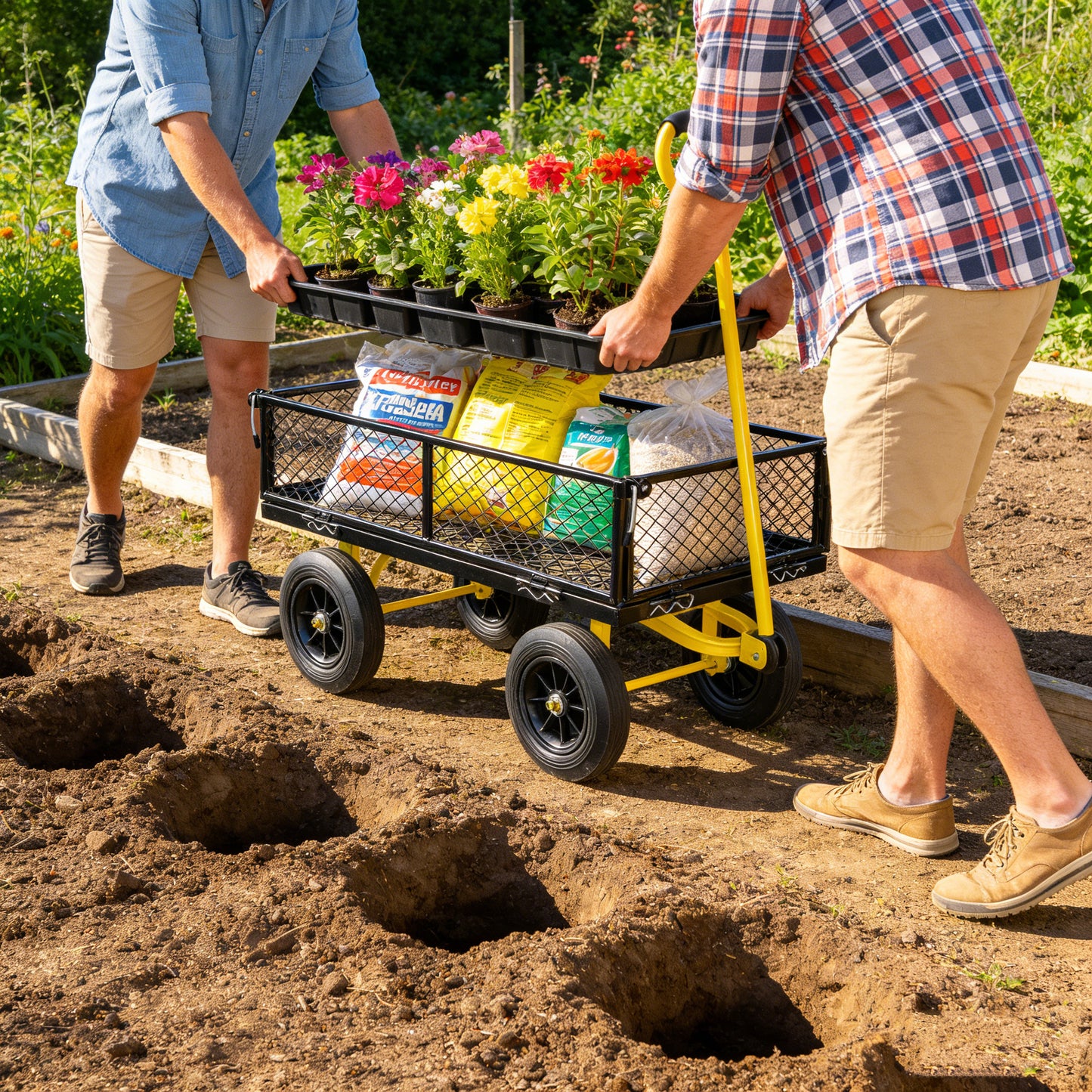 (Black +Yellow solid wheels wagon cart)Solid wheels Tools cart Wagon Cart Garden cart trucks make it easier to transport firewood