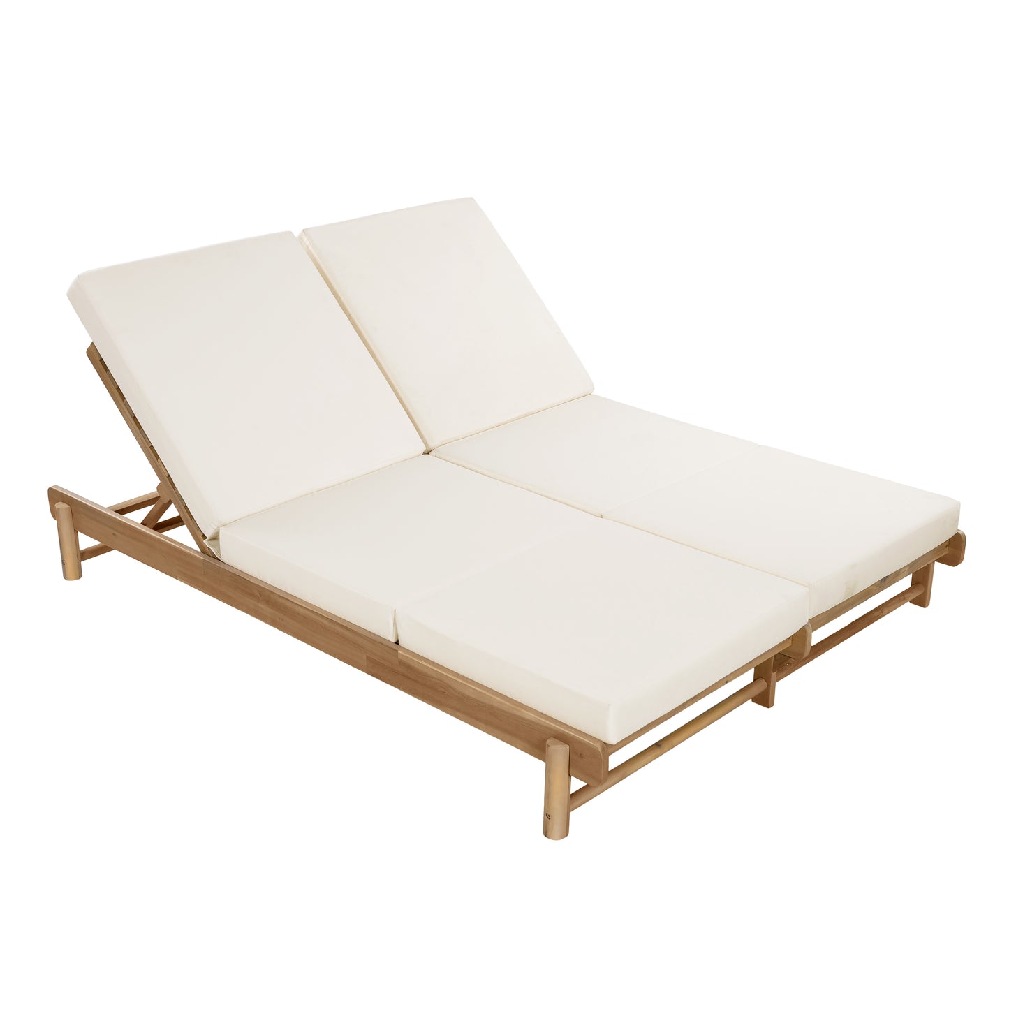 Light Teak Acacia Wood Double Chaise Lounger Set: 1 Frame + 2 Cream Cushions, 800 lbs Capacity, 3-Position Adjustable Backrest, 4" Thick 3-Fold Water-Resistant Cushions for Patio Poolside Backyard