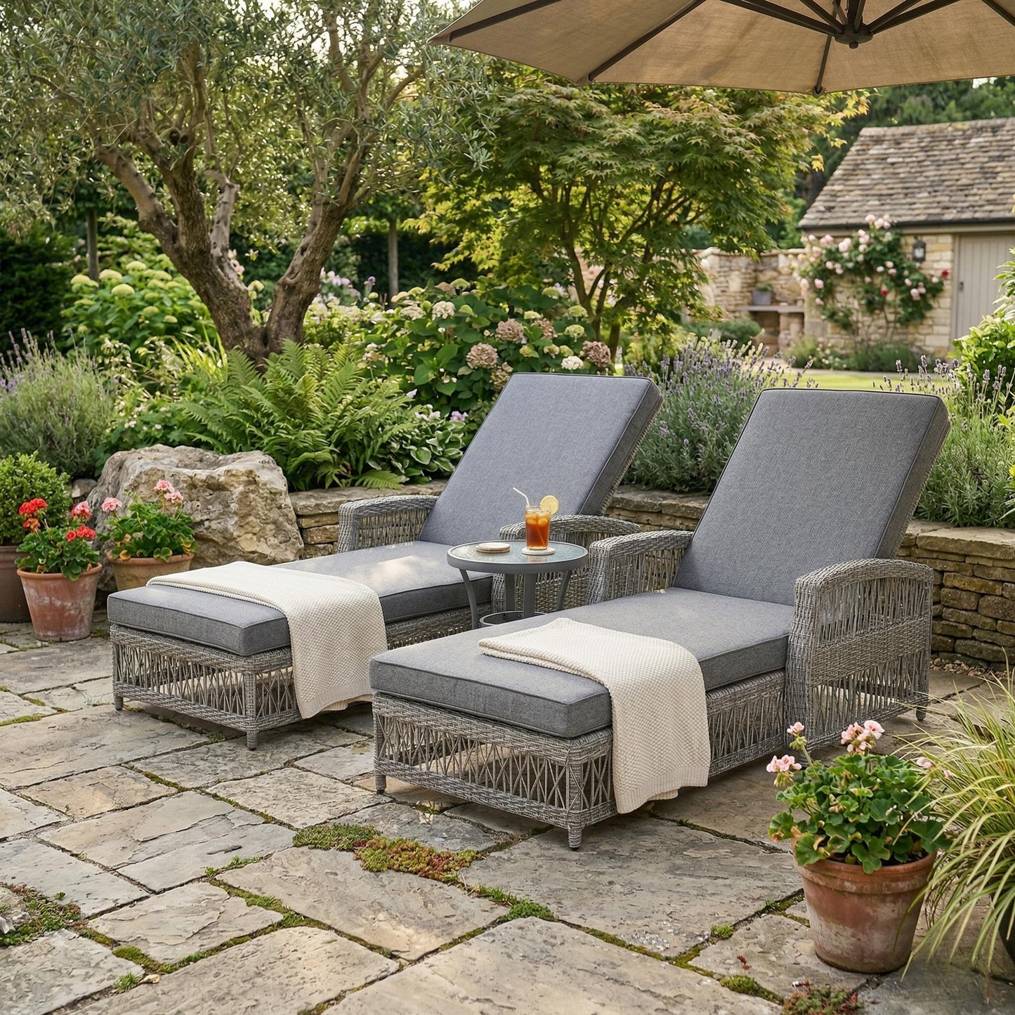 GO 2 Pieces Long Reclining Chaise, Outdoor Wicker Lounge with Armrests, Patio Adjustable Recliner with Soft Removable Cushions, All Weather Rattan Pool Lounge for Poolside & Garden, Gray