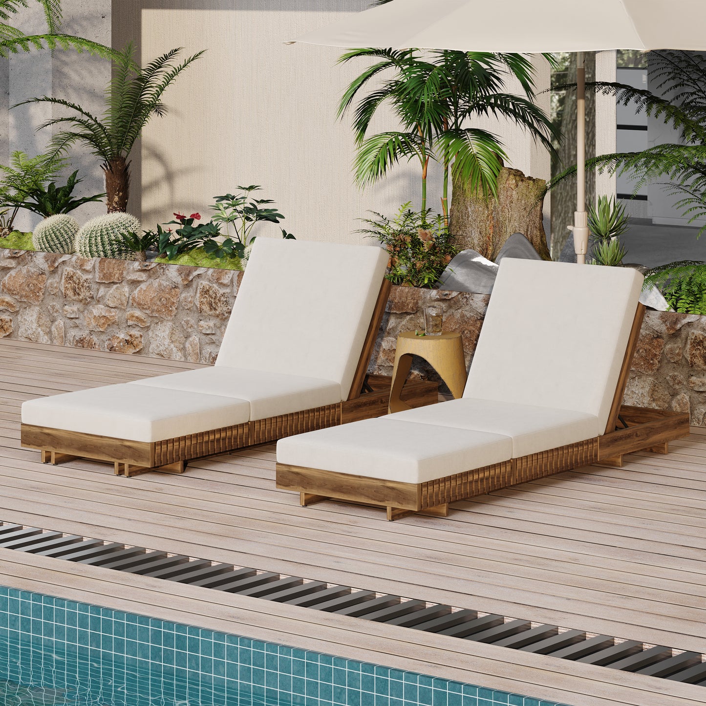 Lounge chaise Set, Acacia solid wood with  LOUNGE CUSHION (Cream+TRIPLE FOLDS) - Matching Dark Grey Version Available