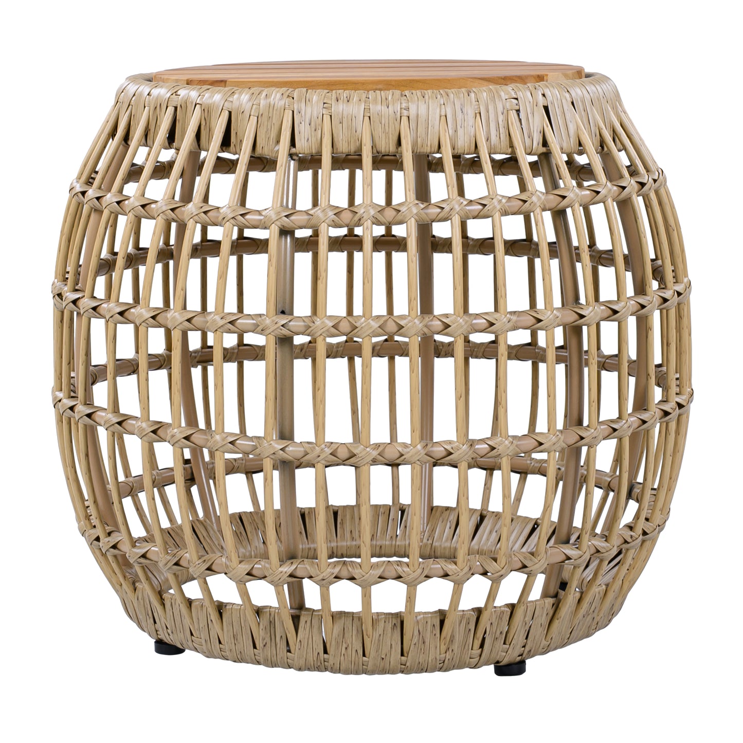 Acacia Wood Outdoor Side Table with Wicker Base - Light Brown, Round 16.15" Outdoor Accent for Patio, Garden, Balcony & Indoor Use