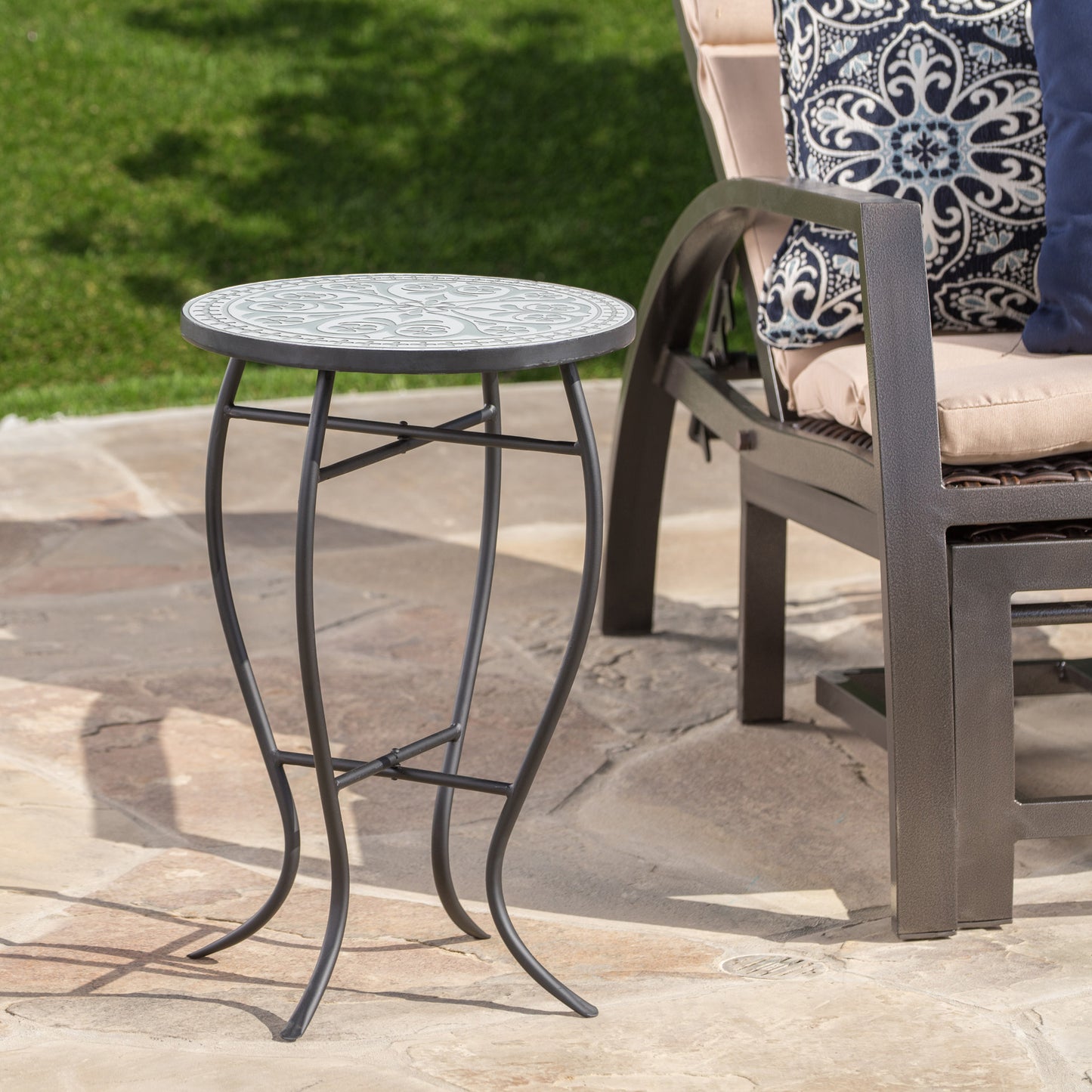 Outdoor Round Side Table with Mosaic-Style Top and Curved Iron Legs, Grey and Matte Black