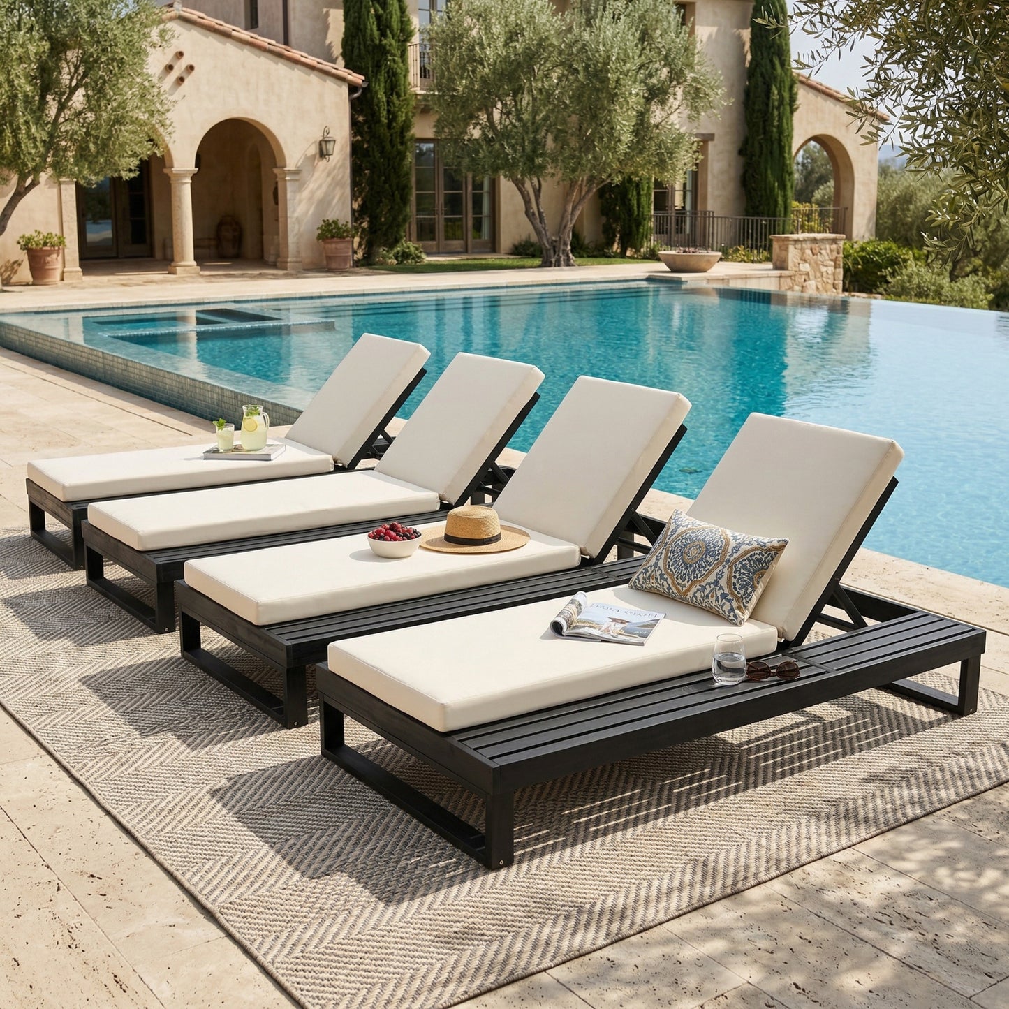 Black Acacia Wood Chaise Lounge with 4-Inch Cream 2-FoldCushion Set, 4-Position Adjustable Outdoor Patio Lounger with Flat Side Surface, for Poolside- Matching dark  grey version available