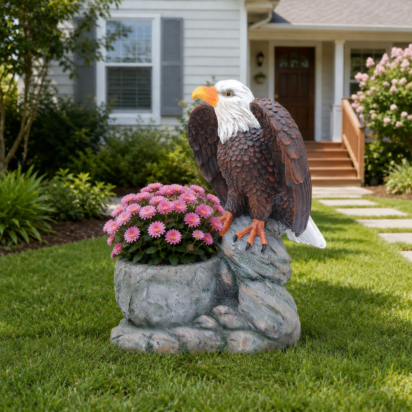 Standing Eagle Statue Garden Planter on Faux Stone Base - Rustic Wildlife Decorative Flower Pot for Outdoor Patio & Home Decor