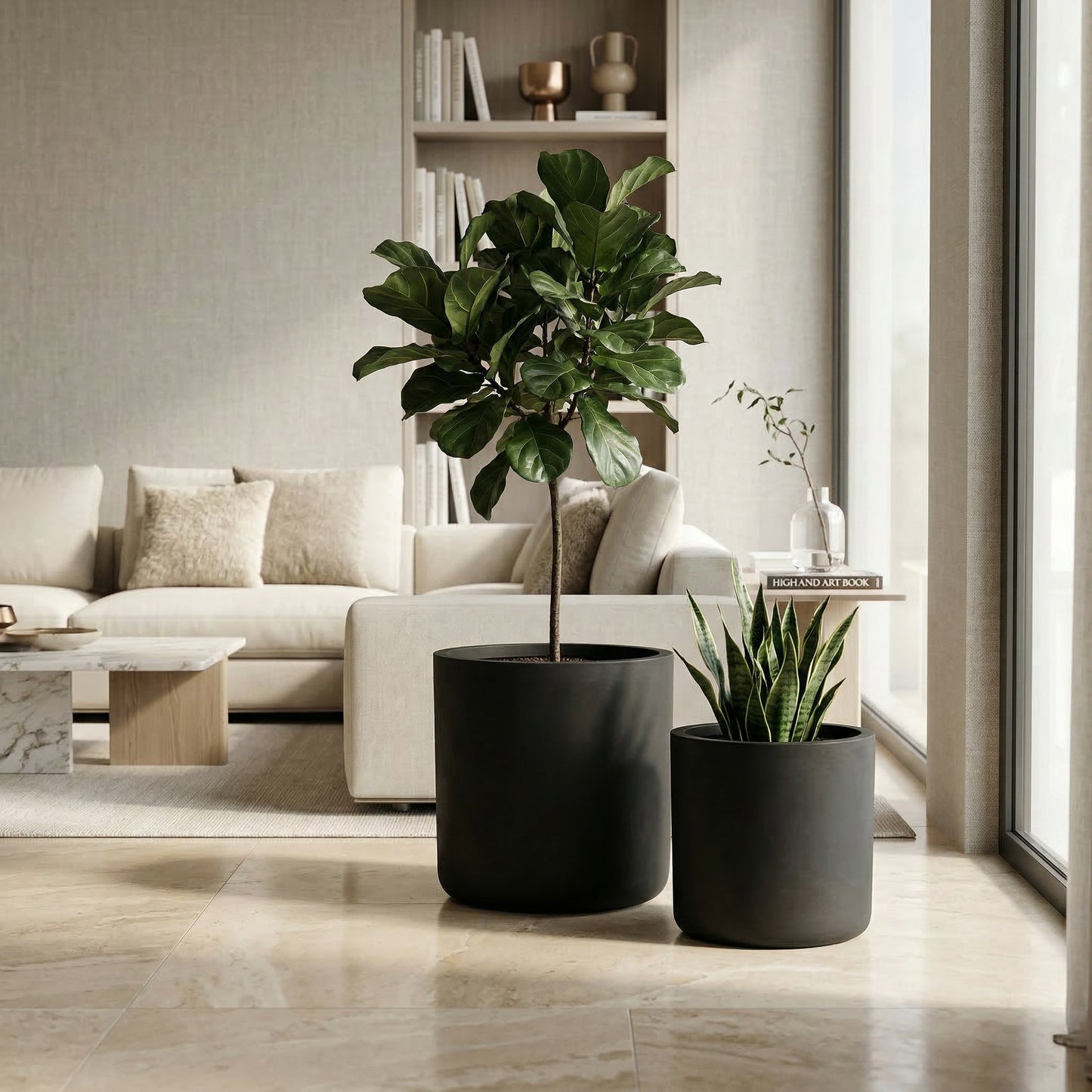 Round Concrete Planter Set of 2, Large Outdoor Indoor Handmade Rustic Decorative Planter Pots with Drainage Holes for Home Garden Patio, 13" x 13" & 16" x 16"(black)