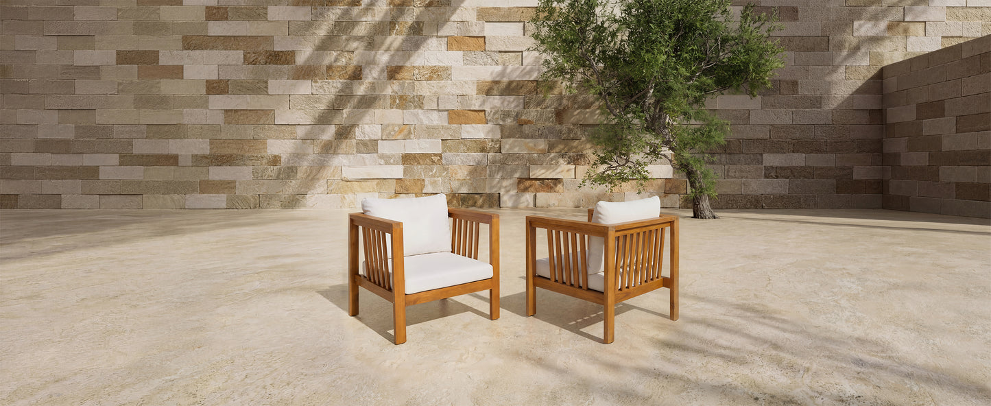 Set of 2 Outdoor Acacia Wood Club Chairs with Modern Square Arms, 2-Piece Patio Conversation Set with Thick Cushions, Adjustable Leveling Feet for Poolside, Backyard & Deck, Beige Cushions