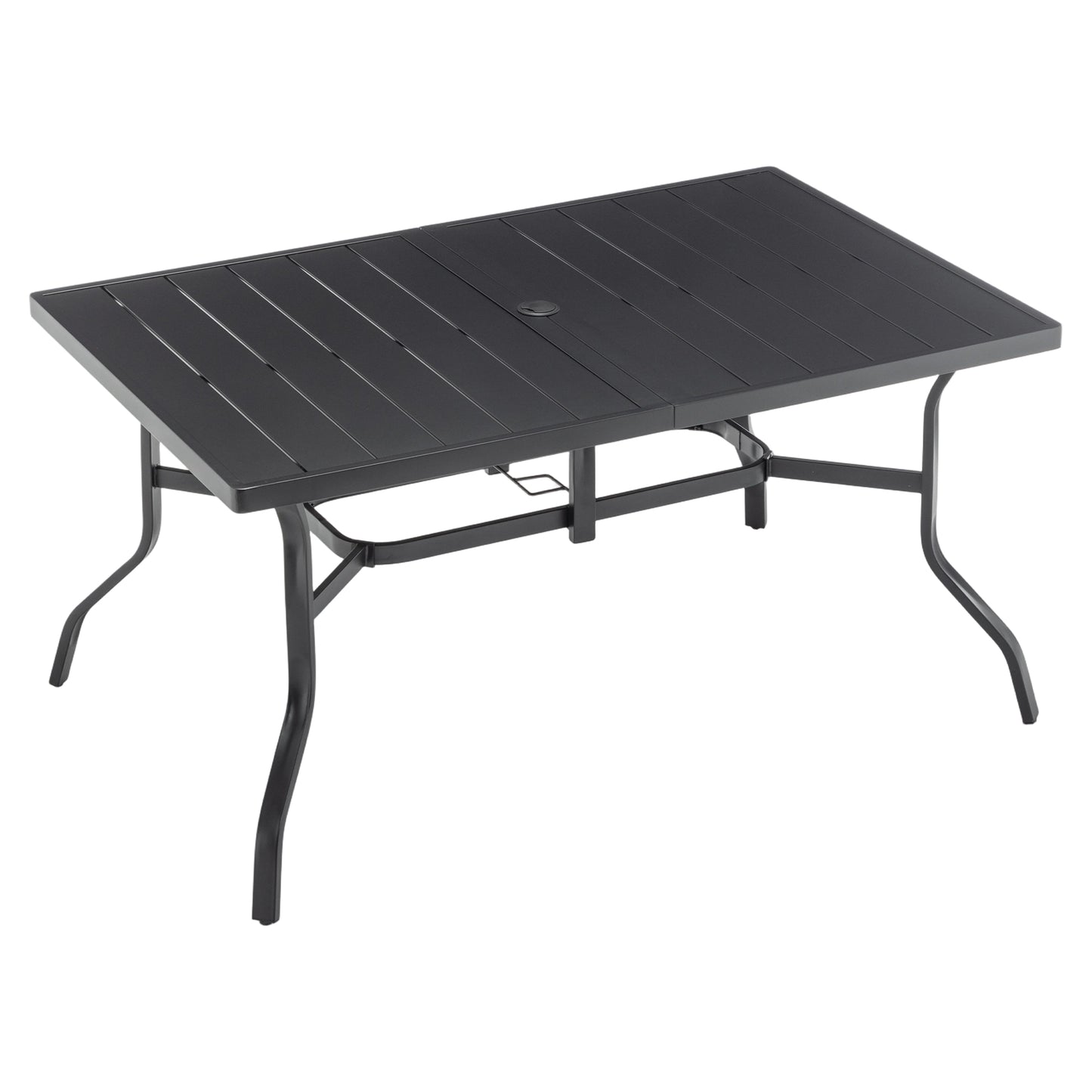 Outdoor Dining Table for 6, Powder-Coated Steel Slat Top with 2.16" Umbrella Hole, Anti-Slip Pads, E-Coating Frame, All-Weather Black Patio Table for Garden, Poolside, Backyard