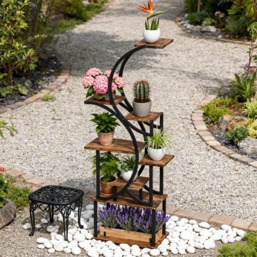 61.8" H 8-Tier S-Shaped Corner Plant Stand with Steel Frame and Fir Wood Base, Space-Saving Rack for Indoor Plants,