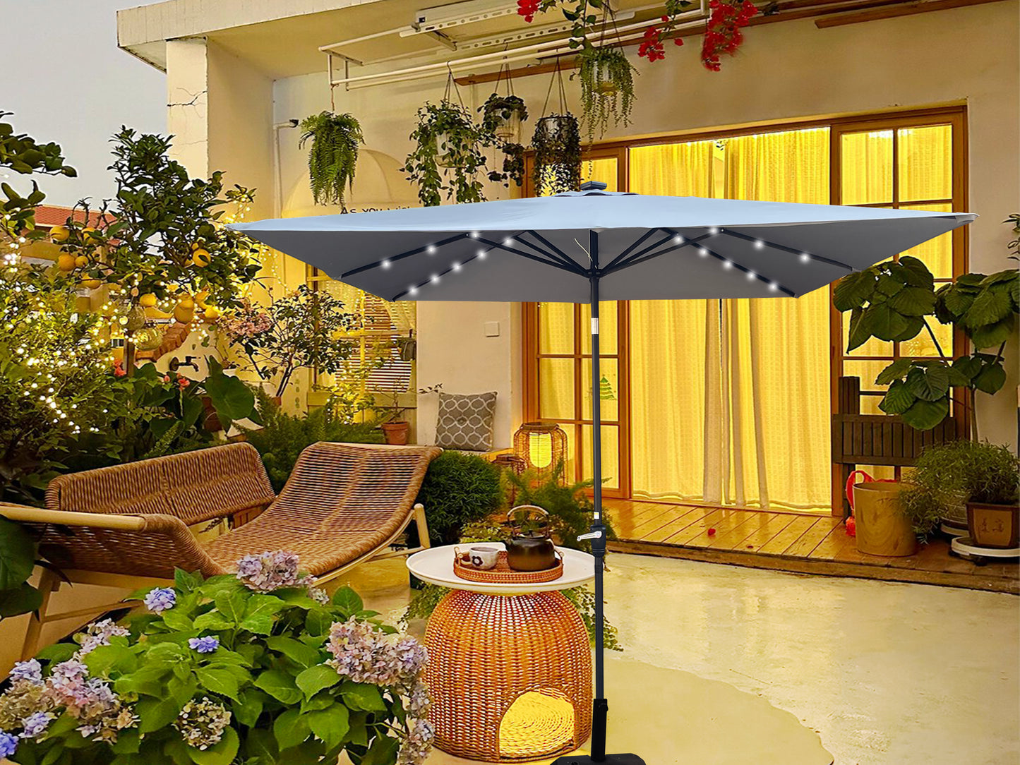 Square 2.5X2.5M Outdoor Patio Umbrella Solar Powered LED Lighted Sun Shade Market Waterproof 8 Ribs Umbrella with Crank and Cross Base for Garden Deck Backyard Pool Shade Outside Deck Swimming Pool