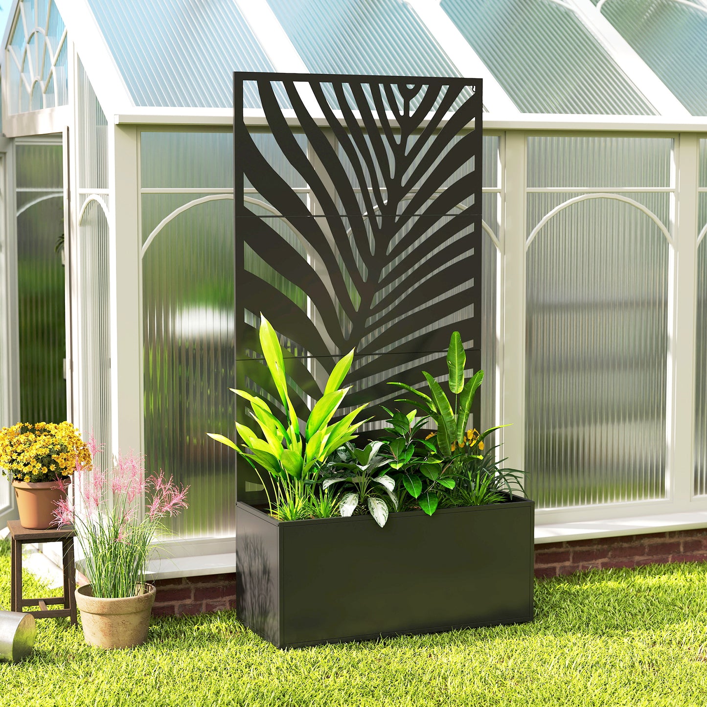 Outsunny Metal Planter Box with Trellis, Raised Garden Bed with Privacy Screen for Climbing Plants, Leaf Cut-Out Privacy Planter