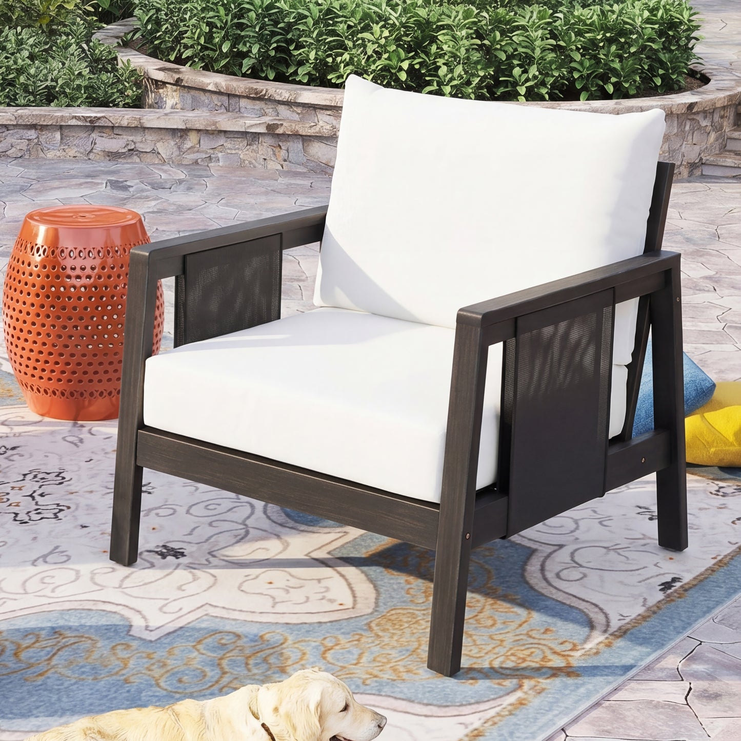 Outdoor Club Chair, Acacia Wood Frame with Black Textilene Accents, Water-Repellent White Cushions for Patio/Backyard/Deck