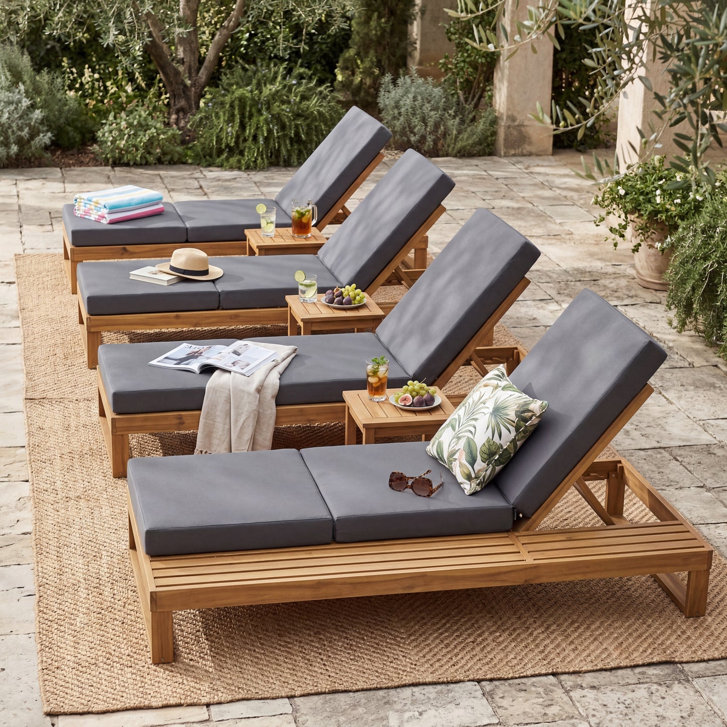 Teak Finish Acacia Wood Chaise Lounge with 4-Inch Dark Grey 3-Fold Water-Resistant Cushion Set, 4-Position Adjustable Outdoor Patio Lounger with Flat Side Surface- Matching cream version available