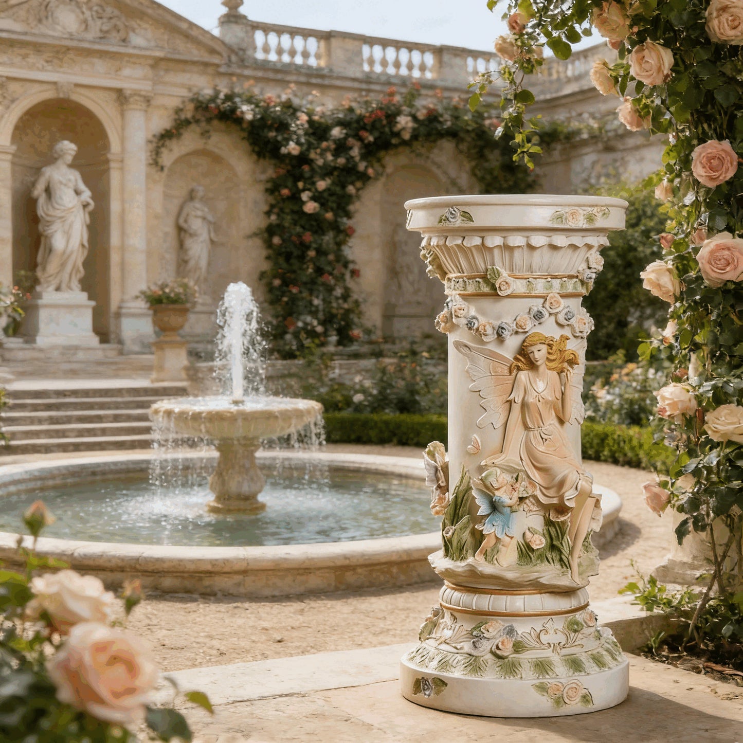 33" Luxury Vintage Roman Column Pedestal, Resin Pillar with Fairy & Floral Relief, Elegant Display Stand for Living Room, Entryway & Home Aesthetic Decor