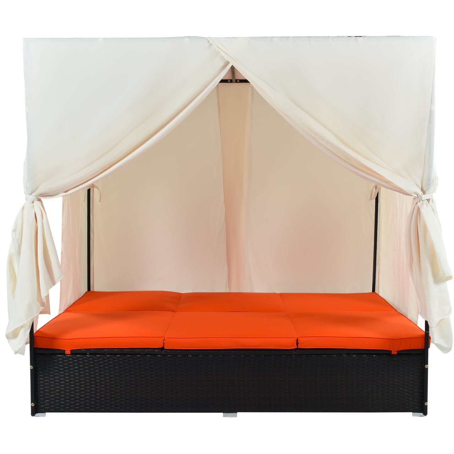 U_STYLE Outdoor Double Chaise Lounge Daybed with Curtains,Patio Outdoor Sunbed with Adjustable Backrest, Sturdy Steel Frame Loveseat Sofa for Backyard,Poolside, Terrace