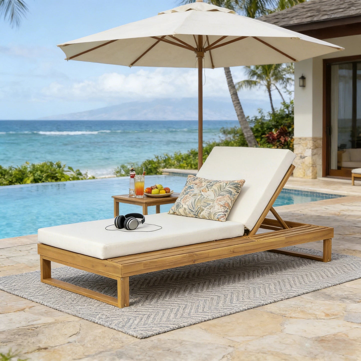 Teak Finish Acacia Wood Chaise Lounge with 4-Inch Cream 2-Fold Cushion Set, 4-Position Adjustable Outdoor Patio Lounger with Flat Side Surface, for Poolside - Matching dark grey version available