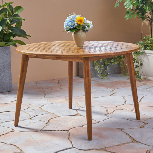 47.25" Round Acacia Wood Dining Table with Teak Finish, Modern Slatted Patio Table for Indoor & Outdoor Use
