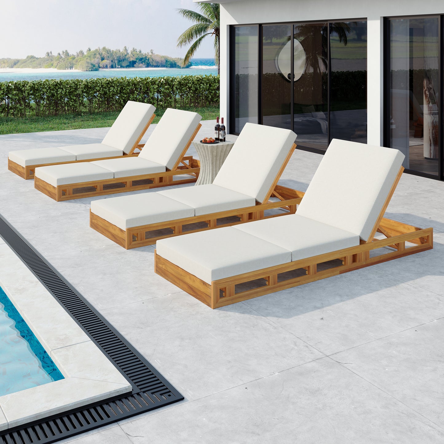 LOUNGE CHAISE SET, ACACIA SOLID WOOD WITH LOUNGE CUSHION (CREAM & TRIPLE FOLD) - MATCHING DARK GREY VERSION AVAILABLE