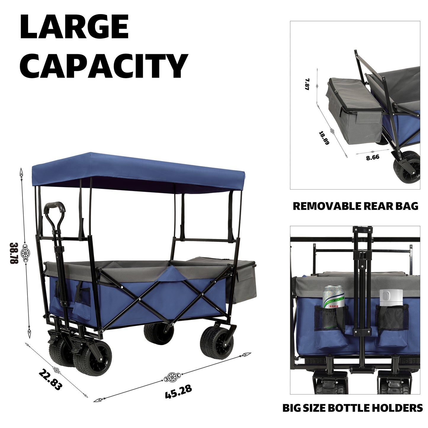 480Lbs Collapsible Wagon with Canopy,Wagon Stroller with 7" All-Terrain Wheels, Lightweight Foldable Wagon, Large Capacity for Camping, Shopping, Sports, and Garden Use, Dark blue with mosquito net