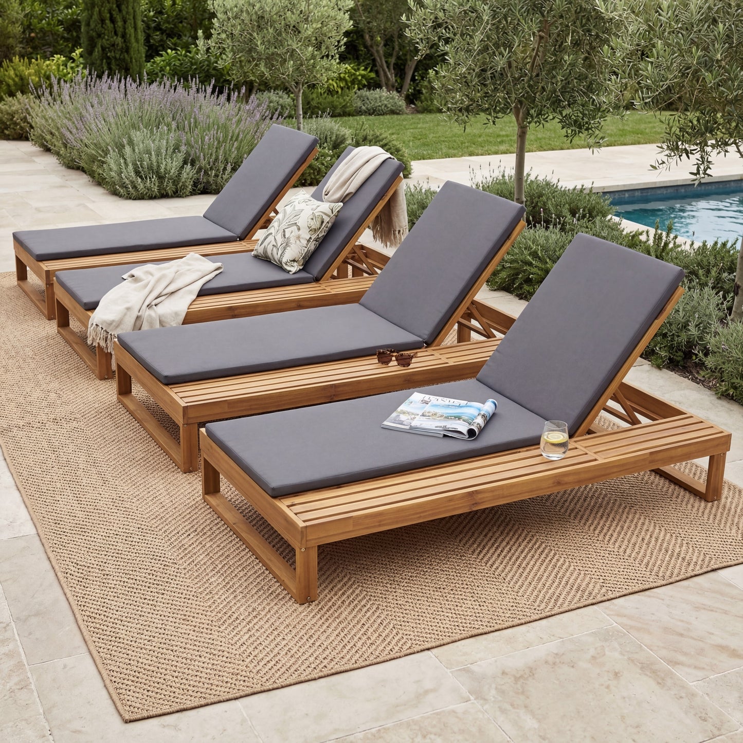 Teak Finish Acacia Wood Chaise Lounge with 1.57-Inch Dark Gray 2-Fold Cushion Set, 4-Position Adjustable with Flat Side Surface, for Poolside - Matching cream,leaf coconut version available