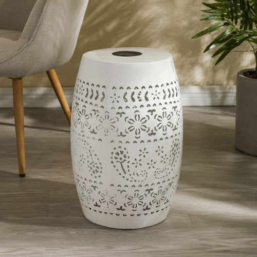 Solar Side Table with Built-in Solar Battery,Stunning Flower Pattern at Night,Eco-Friendly and Energy Efficient Outdoor Furniture Ideal,for Patios Gardens and Backyards(White)