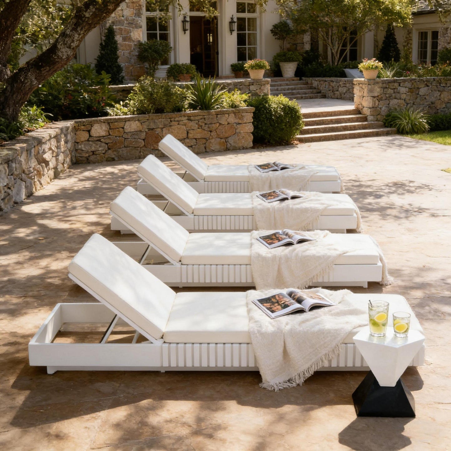 White Acacia Solid Wood Outdoor Chaise Lounge with Cream Water Repellent Cushion,400lbs Capacity, Modern Patio Sun Lounger for Garden,Poolside