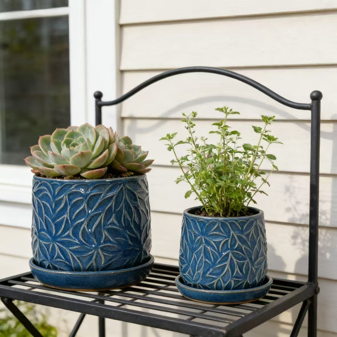 Handmade Ceramic Planter Set of 2, 6" & 8" Diameter, Deep Blue with Leaf Pattern, for Succulents & Herbs Indoor/Outdoor Shelf & Table Use, Breathable Clay with Saucers