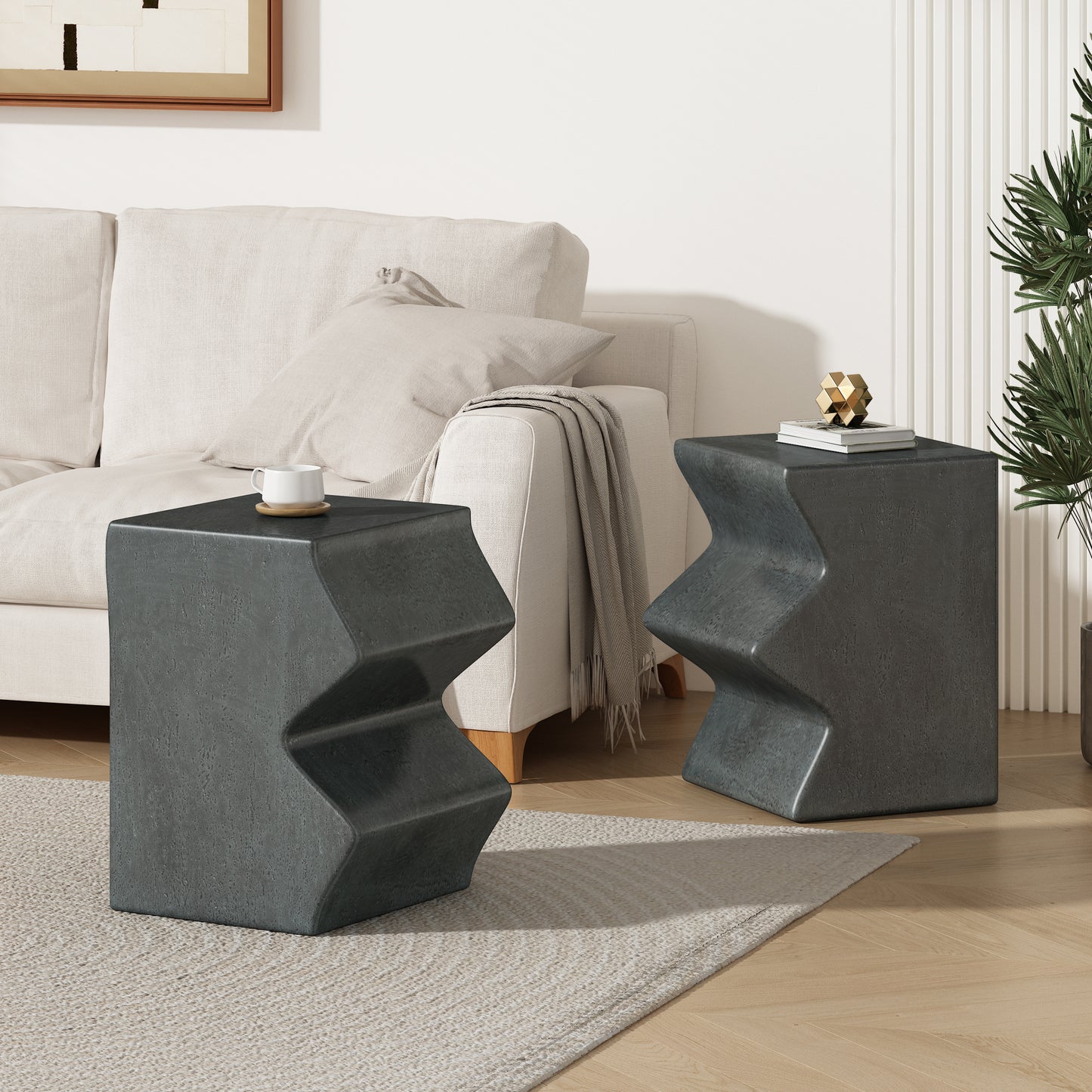 MGO Side Table, Set of 2 Rectangular Outdoor Side Tables, Decorative Garden Stools for Indoor Outdoor, Accent Table Patio Side Table End Table w Spotted, Stone Gray Color