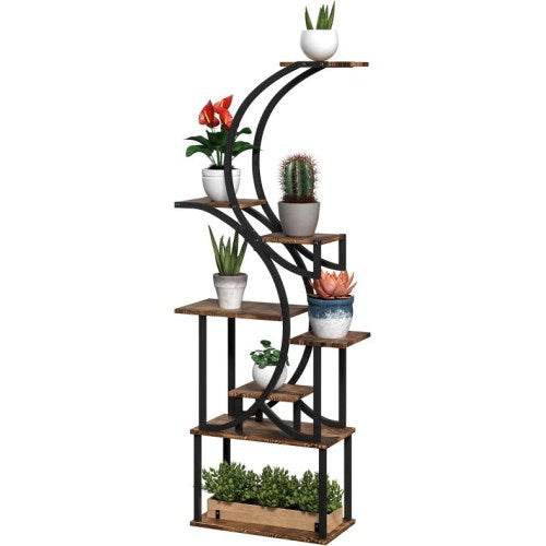 61.8" H 8-Tier S-Shaped Corner Plant Stand with Steel Frame and Fir Wood Base, Space-Saving Rack for Indoor Plants,