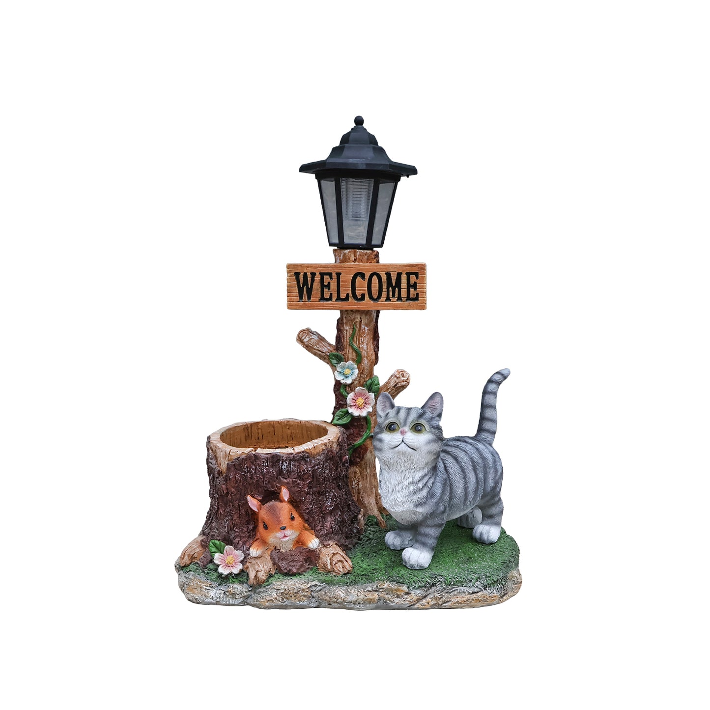 Cat Solar Planter Statue for Outdoor Decor