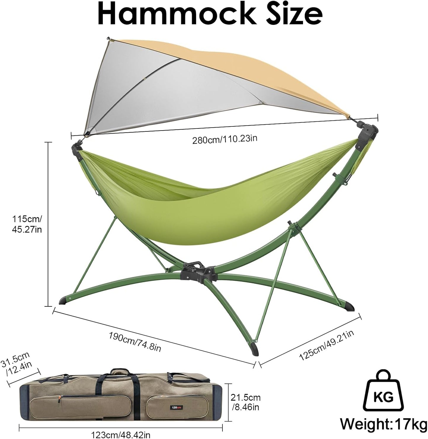 Portable Outdoor/Garden Hammock with Quick-Fold Stand, Adjustable Sunshade, and Storage Bag Adult/Child Hammock Chair Heavy-Duty Hammock Suitable for Camping, Home Gardens, Hotels, Outdoors, Beaches