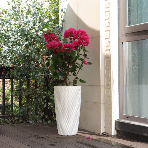 2-Piece Wicker Outdoor Planter Set with Water Level Monitoring Inner Bucket for Gardens, Patios, and Backyards, White
