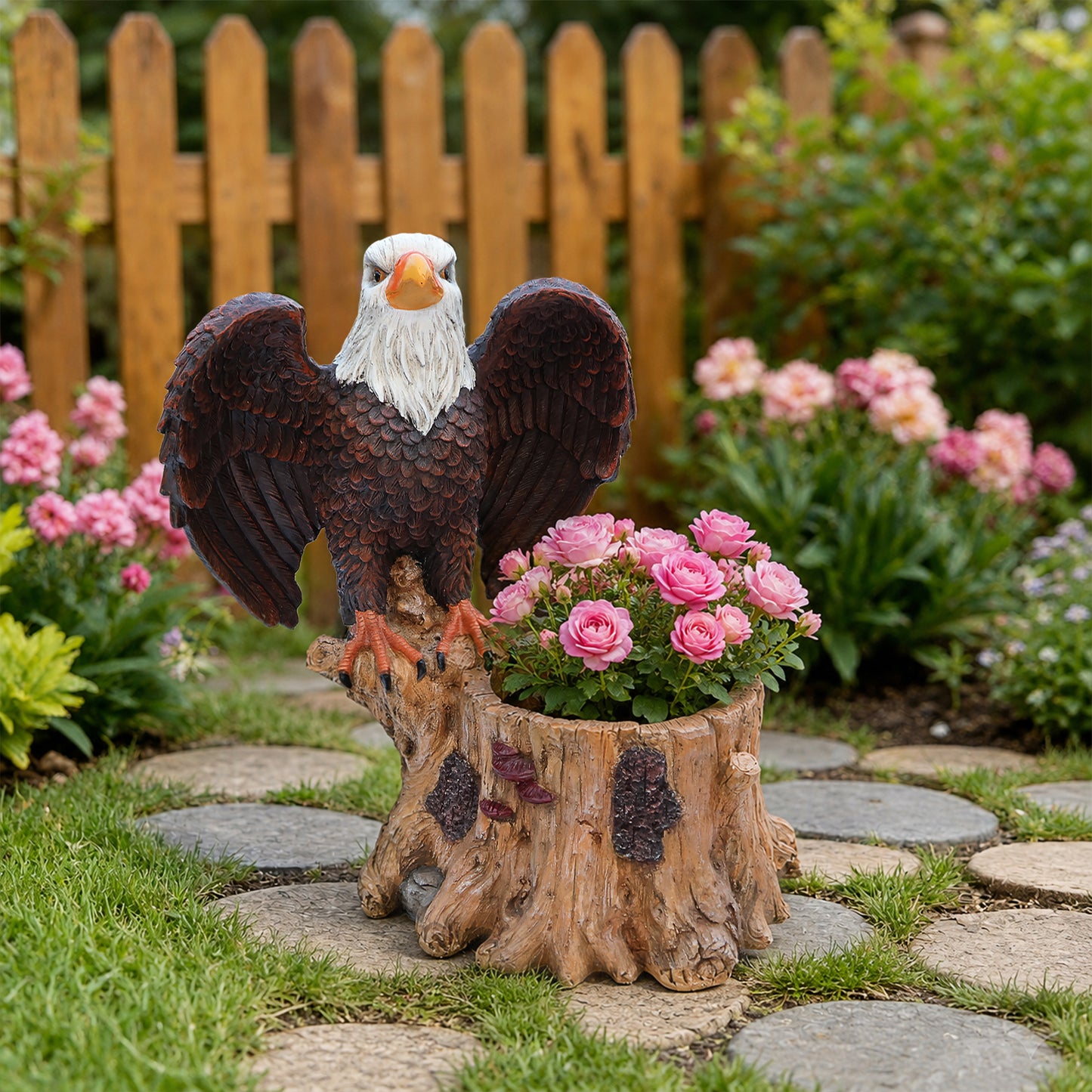 Majestic Eagle with Spread Wings Garden Planter Pot on Tree Stump Base - Durable Polyresin Decorative Flower Pot for Outdoor Patio & Lawn - Unique Wildlife Decor Gift