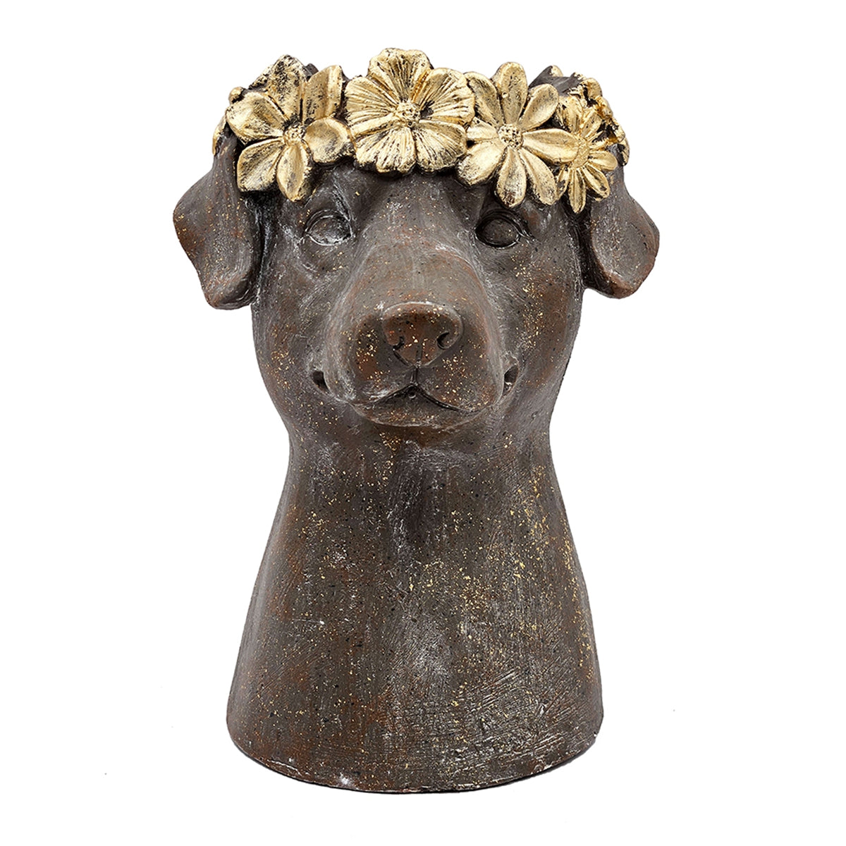 9.3x9.3x13" Magnesium Dog Statue Planter with Textured Brown Finish and Gold Leaf Crown