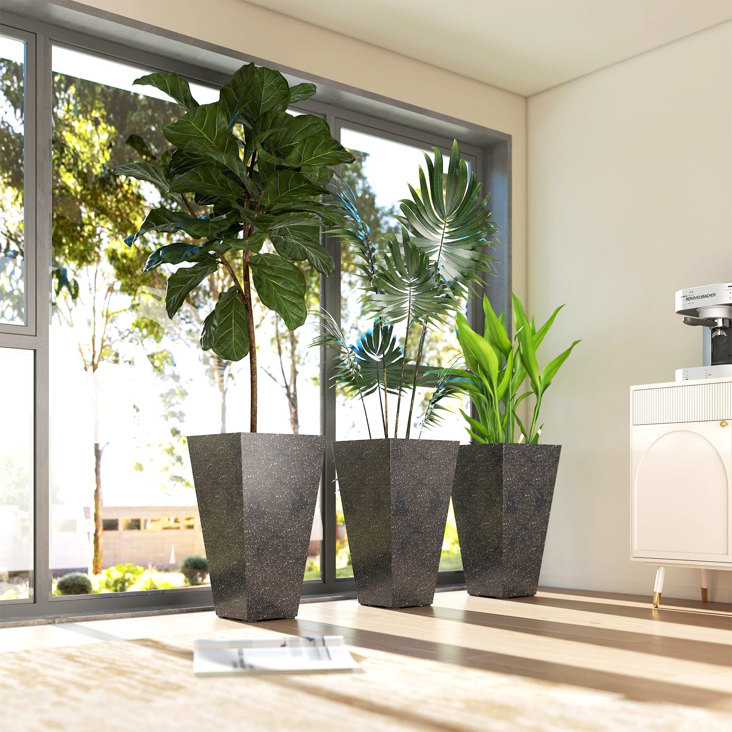 Outsunny 28" Tall Planters, Set of 3 Plastic Flower Pots with Marble Finish and Drainage Holes, Stackable Tapered Outdoor Planters, Black