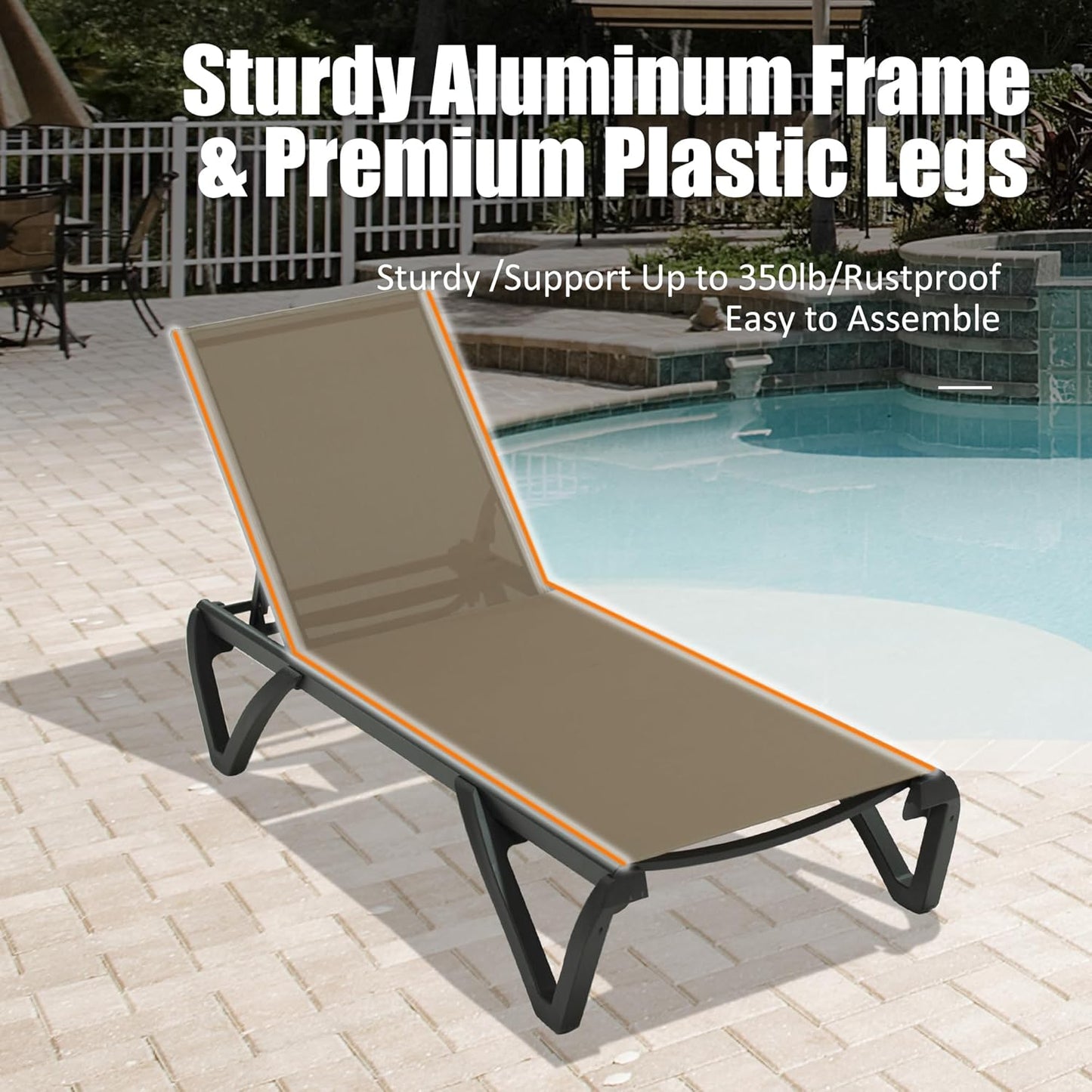 Pool Lounge Chairs Set of 2, Aluminum Patio Chaise Lounge with Wheels, 5 Position Adjustable, All Weather Outdoor Lounge Chairs for Beach, Yard, Balcony, Poolside, Khaki