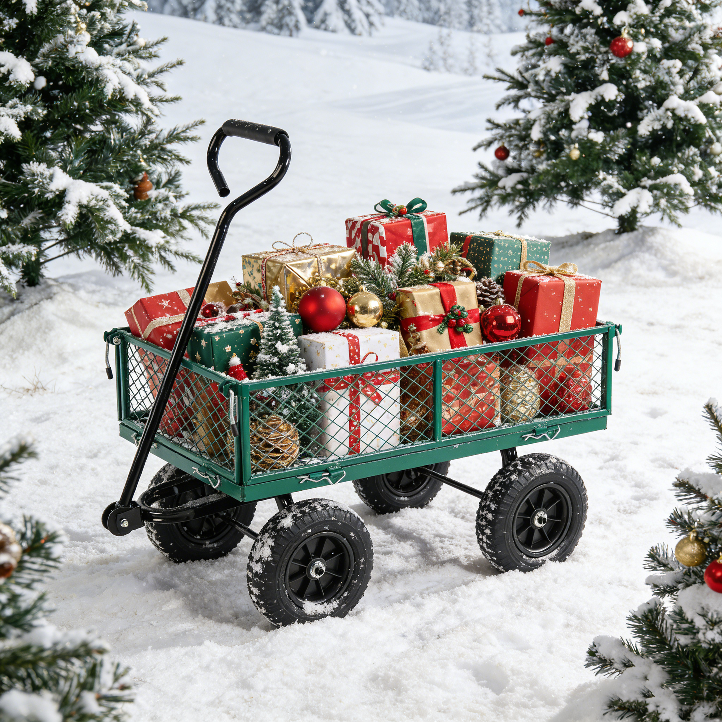 (Green solid wheels wagon cart) Solid wheels Tools cart Wagon Cart Garden cart trucks  make it easier to transport firewood